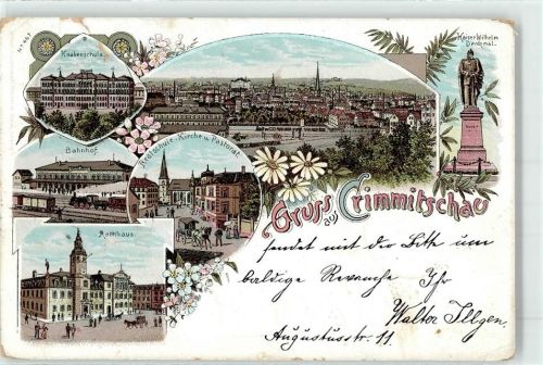 08451 O9630 Crimmitschau 1899 - Bahnhof Rathaus Knabenschule Kaiser-Wilhelm-Denkmal