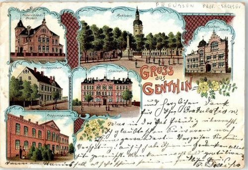 39307 O3280 Genthin 1902 Lithographie Präparandenanstalt Progymnasium Seminar Marktplatz