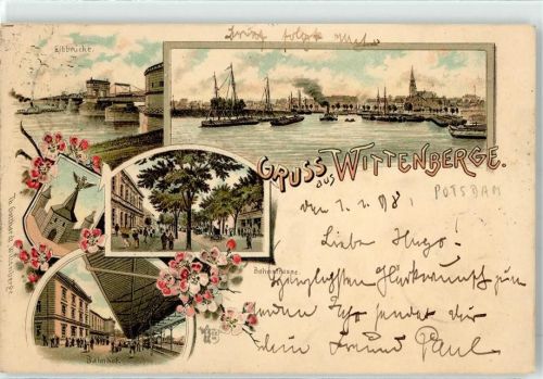 19322 O2900 Wittenberge , Prignitz 1898 Lithographie Elbe Brücke Bahnhof Bahnstraße Dampfer