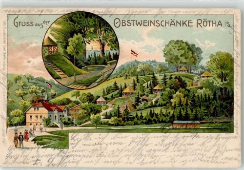 04571 O7209 Rötha 1906 Lithographie Obstweinschänke Fahrrad