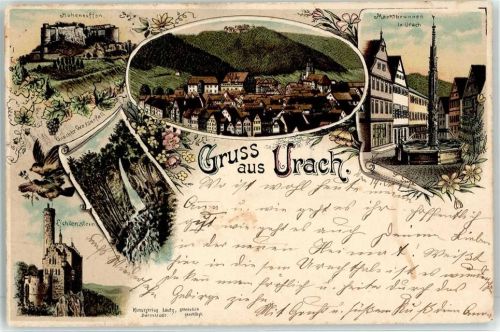78147 W7741 Urach , Baden 1896 Vorläufer Lichtenstein Marktbrunnen Hohenneuffen Wasserfall