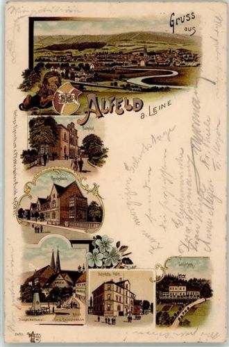 31061 W3220 Alfeld Leine 1898 Lithographie Bahnhof Siegesdenkmal Bank Hotel Schlehberg Leinstraße