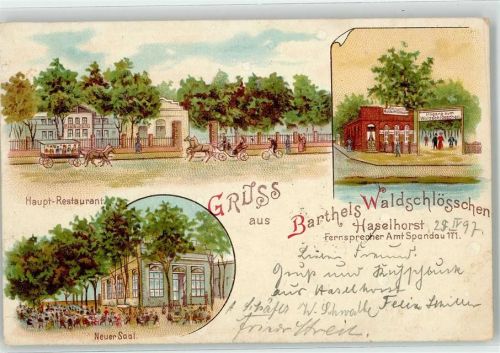 10115 W1000 Haselhorst 1897 Lithographie Gasthaus Waldschlößchen Barthel Fahrrad