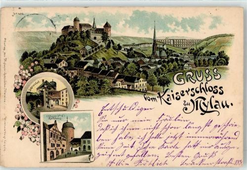 08499 O9803 Mylau 1899 Lithographie Schloss Rathaus