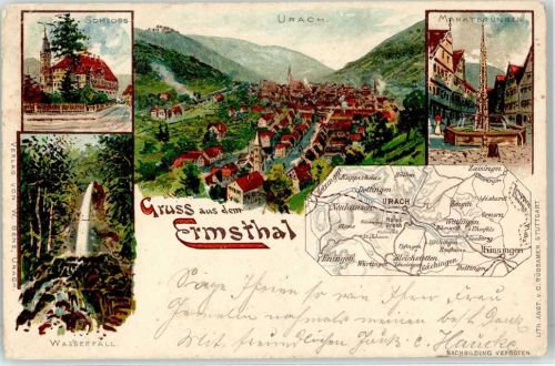 78147 W7741 Urach , Baden 1901 - Schloss Marktbrunnen Wasserfall Landkarte Ernstthal