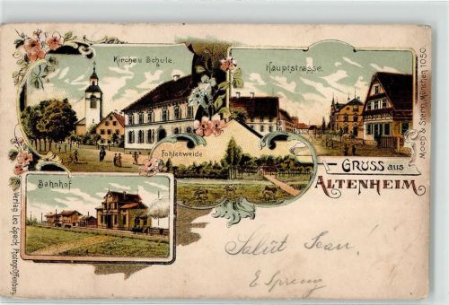 77743 W7607 Altenheim , Baden 1904 Lithographie Hauptstrasse Kirche Schule Bahnhof Fohlenweide