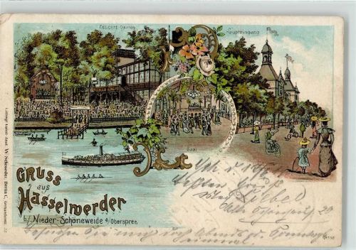 10115 O1190 Niederschöneweide 1900 Lithographie Hasselwerder Dampfer Fahrrad Wassersport Konzertgarten
