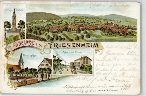 77948 W7632 Friesenheim , Baden 1899 Lithographie Kaiserliches Postamt Kirche Rathaus Kriegerdenkmal