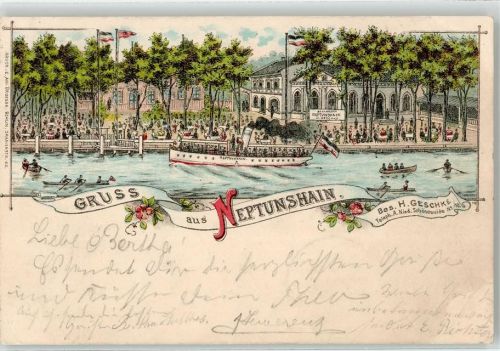 10115 O1190 Niederschöneweide 1897 Lithographie Gasthaus Neptunshain H.Geschke Dampfer Wassersport