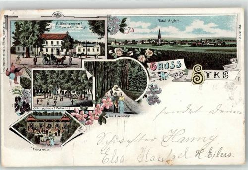 28857 W2808 Syke 1899 Lithographie Hotel zum Schützenhaus Veranda Im Friedeholze