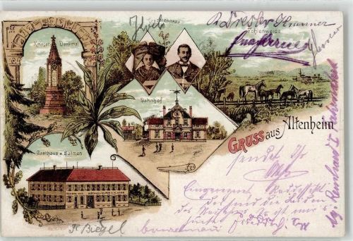 77743 W7607 Altenheim , Baden 1899 Lithographie Bahnhof Trachtenpaar Fohlenweide Kriegerdenkmal Gasthaus