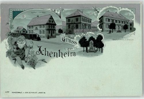 77743 W7607 Ichenheim Lithographie / Mondschein Zwerg Gasthaus zum Adler Kriegerdenkmal Villa Stolz