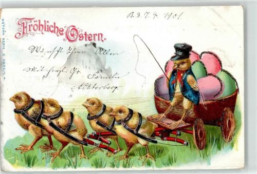 Ostern Küken personifiziert Glitzer 1901 Lithographie