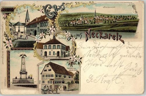Neckarelz 1901 Ev. Kirche Kriegerdenkmal Rathaus Gasthaus zum goldenen Löwen