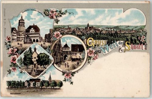 71263 W7252 Weil der Stadt Lithographie Kirche Rathaus Kepler Denkmal Kapelle Juden Tor Bahnhofstraße