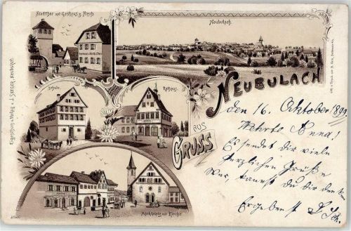 75385 W7265 Neubulach 1899 Lithographie Stadttor Gasthaus z. Hirsch Schule Rathaus Marktplatz Kirche