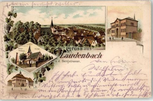 Laudenbach 1897 Kriegerdenkmal Kirche Rathaus Bahnpost Frankfurt Basel Zug Nr. 65