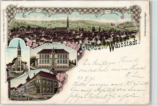 74915 W6923 Waibstadt 1896 Lithographie Stadtkirche Schulhaus