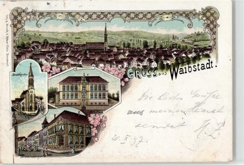 74915 W6923 Waibstadt 1897 Lithographie Stadtkirche Schulhaus