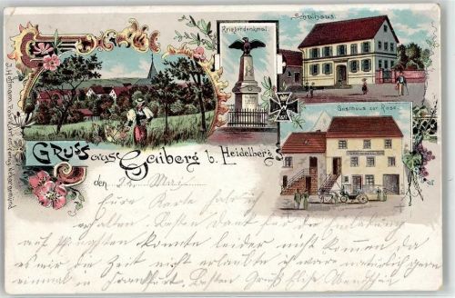 69251 W6901 Gaiberg , Baden 1902 Lithographie Kriegerdenkmal Schulhaus Gasthaus zur Rose