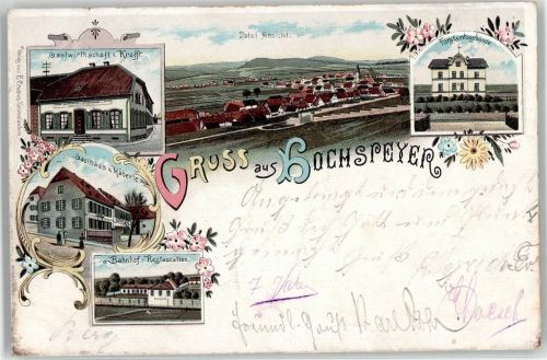 67691 W6755 Hochspeyer 1898 Lithographie Gasthaus Krafft Häberle Bahnhof Forstamt