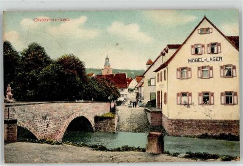 74706 W6960 Osterburken Lithographie Brücke Geschäft Möbel Lager