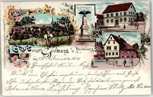 69251 W6901 Gaiberg , Baden 1901 Lithographie Schulhaus Kriegerdenkmal Gasthaus zur Krone