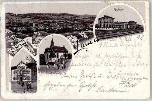 97922 W6970 Lauda Lithographie 1896 Hotel Müller Marienkirche Bahnhof