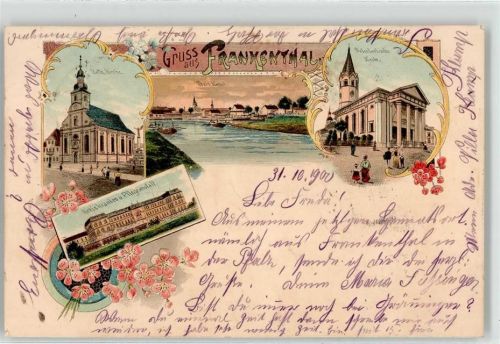 67227 W6710 Frankenthal Pfalz Lithographie Krankenhaus Pflegeanstalt Kath. Kirche Rhein Kanal