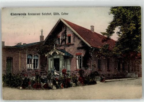 04910 O7904 Elsterwerda 1908 Lithographie Gasthaus Holzhof