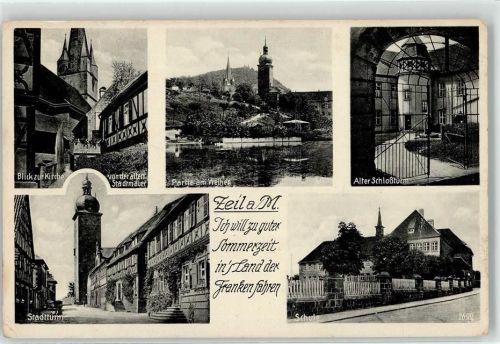 97475 W8729 Zeil a. Main - Blick zur Kirche von der alten Stadtmauer Stadtturm Schlossturm Schule