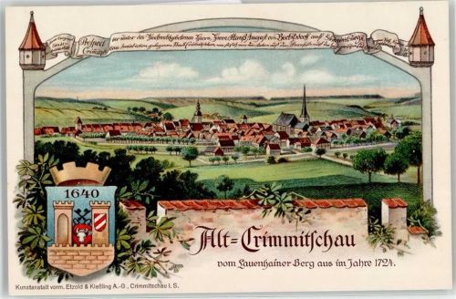 08451 O9630 Crimmitschau - Blick vom Lauenhainer Berg anno 1724 Wappen Stadtrechtsfeier 1914