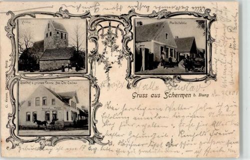 Schermen 1901 Gasthaus zur grünen Tanne Kirche Post Pferdefuhrwerk Posthilfsstelle