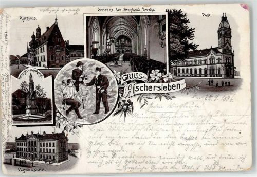Aschersleben 1896 Postamt Stephani Kirche Rathaus Kriegerdenkmal Gymnasium