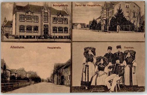 77743 W7607 Altenheim , Baden 1908 Collage Tracht Partie der Hauptstraße Schule