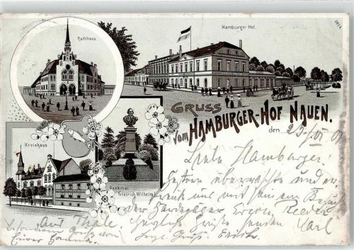 14641 O1550 Nauen , Havelland 1901 Lithographie Rathaus Hamburger Hof Kreishaus Denkmal Friedrich Wilhelm I.