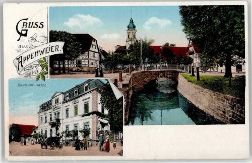 77767 W7604 Appenweier Lithographie Bahnhof-Hotel Fluß Brücke Kutsche