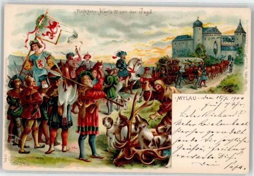 08499 O9803 Mylau 1900 Lithographie / Künstlerkarte Rückkehr Karls von der Jagd sign. Robert Langbein