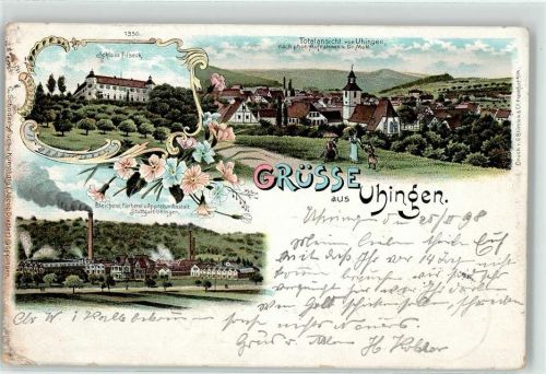 73066 W7336 Uhingen 1898 Lithographie Schloss Filseck Bleicherei Färberei Appretur-Anstalt