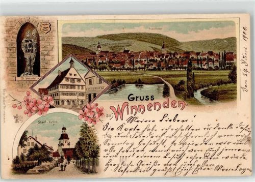 71364 W7057 Winnenden , Württ 1900 Lithographie Stadtkirche St.Wendelin Rathaus