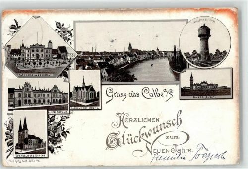 39240 O3310 Calbe Lithographie Rathaus Denkmal Kaiserliches Postamt Evangelische Kirche