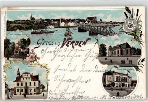 27283 W2810 Verden Aller 1900 Lithographie Kriegerdenkmal Rathaus Dom Königliches Landgericht