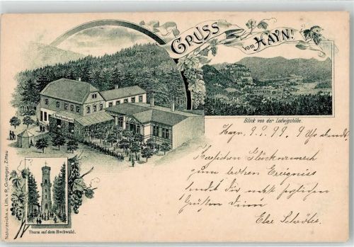 02797 O8806 Hain b Zittau 1899 Lithographie Thurm auf dem Hochwald Ludwigshöhe Gasthaus