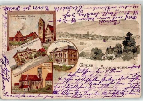78549 W7208 Spaichingen 1900 Lithographie Stadtpfarrhaus Kirche Rathaus Gewerbemuseum Messnerhaus