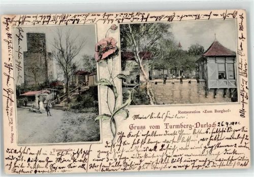 76131 W7500 Durlach 1900 Lithographie Gasthaus zum Burghof Kiosk Turmpartie Turmberg