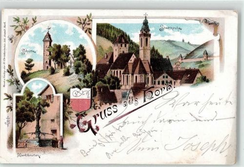 72160 W7240 Horb am Neckar 1897 Lithographie Stadtkirche Schütte Marktbrunnen
