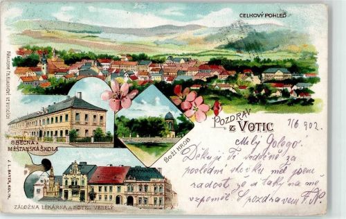 Votice Wotitz 1902 Lithographie Schule Hotel