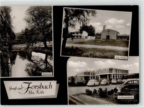 51503 W5064 Forsbach , Rheinl - Sülzpartie Ev. Kirche Raiffeisenschule VW Käfer