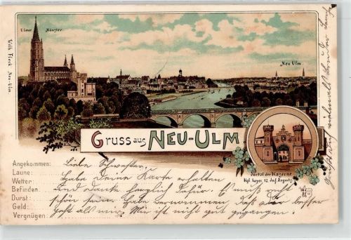 Neu-Ulm 1902 Brücke Münster Kasernenportal