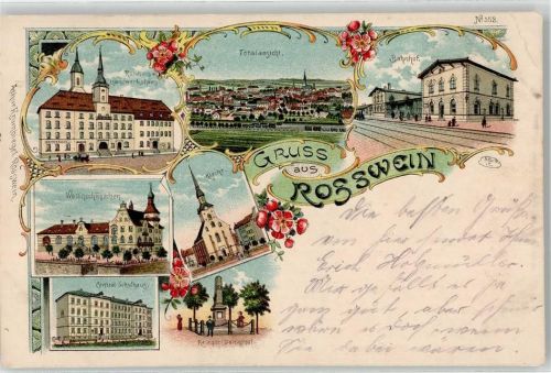 04741 O7304 Roßwein 1908 - Rathaus Handwerkshaus Bahnhof Kirche Schulhaus Wettinschlößchen Kriegerdenkmal